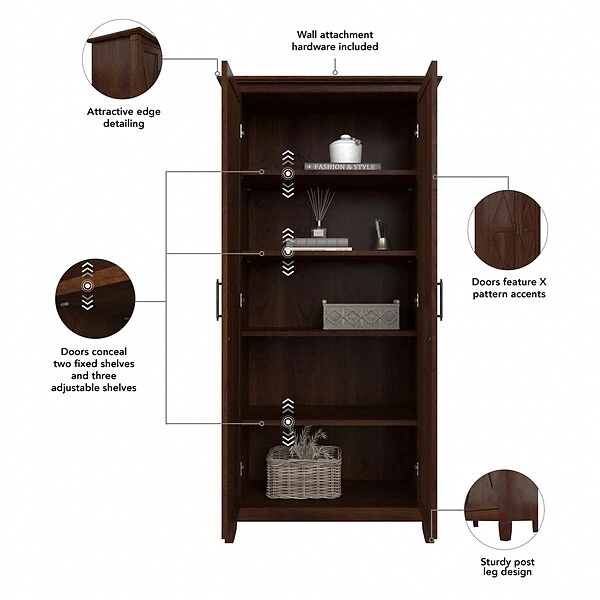 Bush Furniture Key West 65.98" Tall Storage Cabinet With Doors And 5 Shelves, Bing Cherry (KWS266BC-03) 2 Bush Furniture Key West 65.98" Tall Storage Cabinet With Doors And 5 Shelves, Bing Cherry (KWS266BC-03) - Image 2