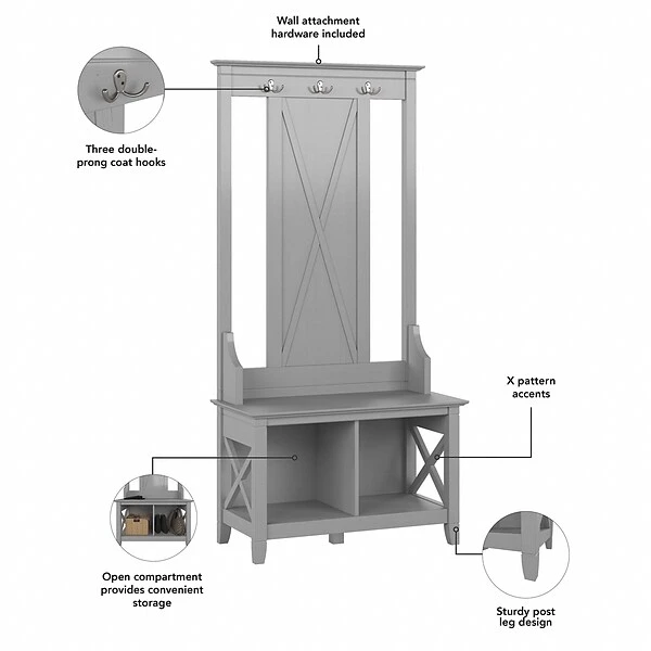 Bush Furniture Key West 66" Hall Tree With Shoe Storage Bench, Cape Cod Gray (KWS166CG-03) 2 Bush Furniture Key West 66" Hall Tree With Shoe Storage Bench, Cape Cod Gray (KWS166CG-03) - Image 2