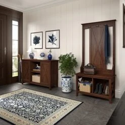 Bush Furniture Key West 66" Entryway Storage Set With Hall Tree, Shoe Bench, And 2-Door Cabinet, Bing Cherry (KWS054BC)