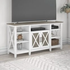 Bush Furniture Key West Console TV Stand, Screens Up To 65", Shiplap Gray/Pure White (KWV160G2W-03)