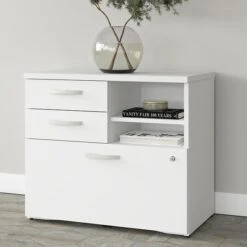 Bush Business Furniture Studio A 26" Office Storage Cabinet With 2 Shelves And Drawers, White (SDF130WHSU-Z)