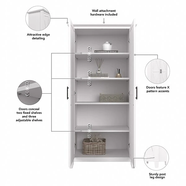 Bush Furniture Key West 66" Tall Storage Cabinet With Doors And 5 Shelves, Pure White Oak (KWS266WT-03) 2 Bush Furniture Key West 66" Tall Storage Cabinet With Doors And 5 Shelves, Pure White Oak (KWS266WT-03) - Image 2