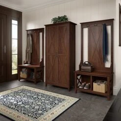 Bush Furniture Key West 66" Entryway Storage Set With Hall Tree, Shoe Bench, And Tall Cabinet, Bing Cherry (KWS057BC)