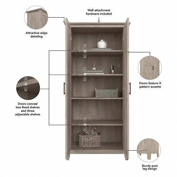 Bush Furniture Key West 66" Tall Storage Cabinet With Doors And 5 Shelves, Washed Gray (KWS266WG-03) 2 Bush Furniture Key West 66" Tall Storage Cabinet With Doors And 5 Shelves, Washed Gray (KWS266WG-03) - Image 2