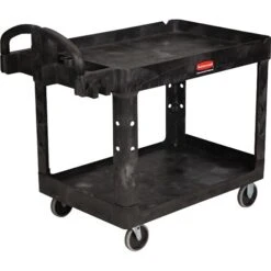 Rubbermaid Heavy Duty 2-Shelf Plastic/Poly Mobile Utility Cart With Lockable Wheels, Black (FG452088BLA)