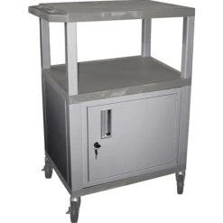 H Wilson 34"H 3 Shelves Tuffy AV Cart W/Nickel Legs, Cabinet & Electrical Attachment, Gray