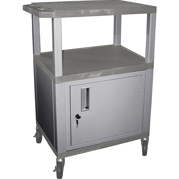 H Wilson 34"H 3 Shelves Tuffy AV Cart W/Nickel Legs, Cabinet & Electrical Attachment, Gray 1 H Wilson 34"H 3 Shelves Tuffy AV Cart W/Nickel Legs, Cabinet & Electrical Attachment, Gray