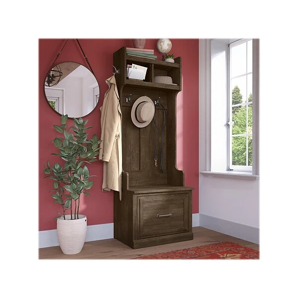 Kathy Ireland® Home By Bush Furniture Woodland 69" Hall Tree And Small Shoe Bench With Drawer And 2 Shelves, Ash Brown 1 Kathy Ireland® Home By Bush Furniture Woodland 69" Hall Tree And Small Shoe Bench With Drawer And 2 Shelves, Ash Brown