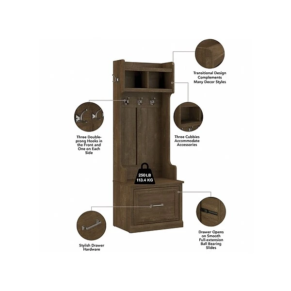 Kathy Ireland® Home By Bush Furniture Woodland 69" Hall Tree And Small Shoe Bench With Drawer And 2 Shelves, Ash Brown 2 Kathy Ireland® Home By Bush Furniture Woodland 69" Hall Tree And Small Shoe Bench With Drawer And 2 Shelves, Ash Brown - Image 2