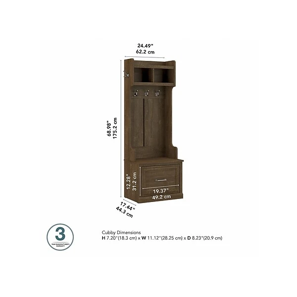 Kathy Ireland® Home By Bush Furniture Woodland 69" Hall Tree And Small Shoe Bench With Drawer And 2 Shelves, Ash Brown 4 Kathy Ireland® Home By Bush Furniture Woodland 69" Hall Tree And Small Shoe Bench With Drawer And 2 Shelves, Ash Brown - Image 4