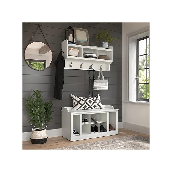 Kathy Ireland® Home By Bush Furniture Woodland 21" Shoe Storage Bench And Coat Rack With 12 Shelves, White Ash (WDL004WAS) 1 Kathy Ireland® Home By Bush Furniture Woodland 21" Shoe Storage Bench And Coat Rack With 12 Shelves, White Ash (WDL004WAS)