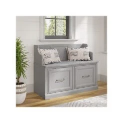 Kathy Ireland® Home By Bush Furniture Woodland 32" Entryway Bench With Doors, Cape Cod Gray (WDL005CG)