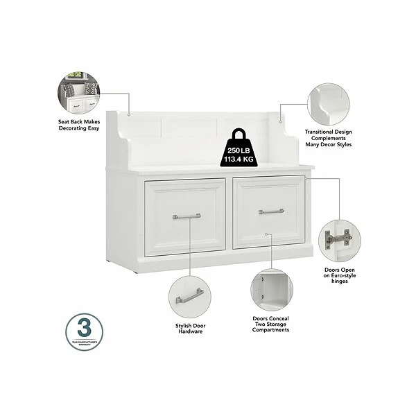 Kathy Ireland® Home By Bush Furniture Woodland 32" Entryway Bench With Doors, White Ash (WDL005WAS) 2 Kathy Ireland® Home By Bush Furniture Woodland 32" Entryway Bench With Doors, White Ash (WDL005WAS) - Image 2