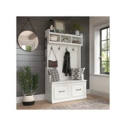 Kathy Ireland® Home By Bush Furniture Woodland 71" Hall Tree And Shoe Storage Bench With 4 Shelves, White Ash (WDL001WAS)
