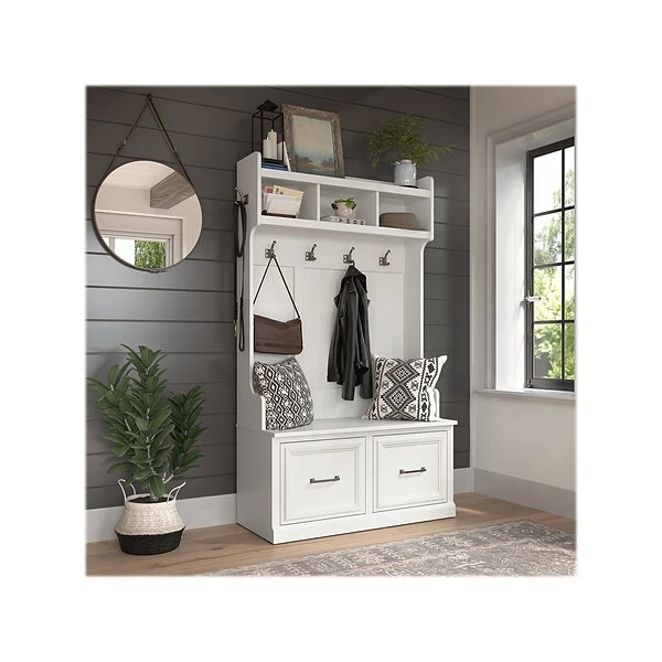 Kathy Ireland® Home By Bush Furniture Woodland 71" Hall Tree And Shoe Storage Bench With 4 Shelves, White Ash (WDL001WAS) 1 Kathy Ireland® Home By Bush Furniture Woodland 71" Hall Tree And Shoe Storage Bench With 4 Shelves, White Ash (WDL001WAS)