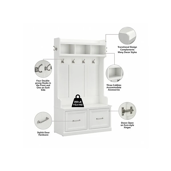 Kathy Ireland® Home By Bush Furniture Woodland 71" Hall Tree And Shoe Storage Bench With 4 Shelves, White Ash (WDL001WAS) 2 Kathy Ireland® Home By Bush Furniture Woodland 71" Hall Tree And Shoe Storage Bench With 4 Shelves, White Ash (WDL001WAS) - Image 2