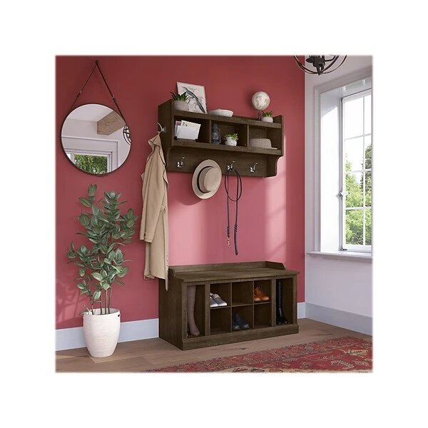 Kathy Ireland® Home By Bush Furniture Woodland 21" Shoe Storage Bench And Coat Rack With 12 Shelves, Ash Brown (WDL004ABR) 1 Kathy Ireland® Home By Bush Furniture Woodland 21" Shoe Storage Bench And Coat Rack With 12 Shelves, Ash Brown (WDL004ABR)