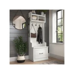 Kathy Ireland® Home By Bush Furniture Woodland 69" Hall Tree And Small Shoe Bench With Drawer And 2 Shelves, White Ash
