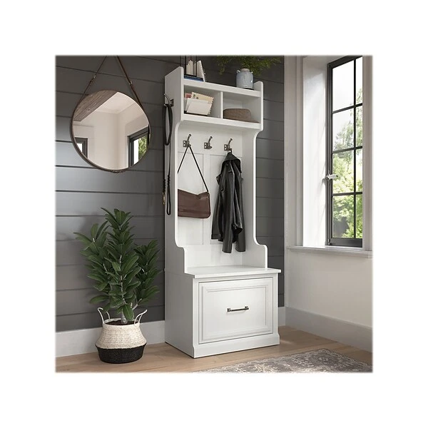 Kathy Ireland® Home By Bush Furniture Woodland 69" Hall Tree And Small Shoe Bench With Drawer And 2 Shelves, White Ash 1 Kathy Ireland® Home By Bush Furniture Woodland 69" Hall Tree And Small Shoe Bench With Drawer And 2 Shelves, White Ash