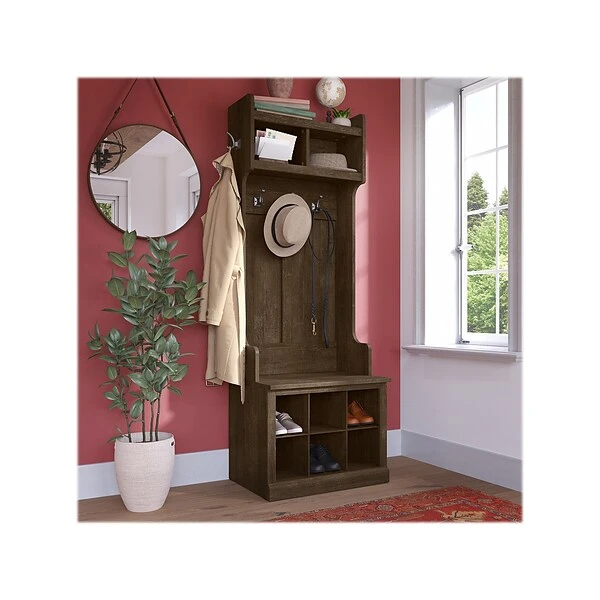 Kathy Ireland® Home By Bush Furniture Woodland 69" Hall Tree And Small Shoe Bench With 9 Shelves, Ash Brown (WDL008ABR) 1 Kathy Ireland® Home By Bush Furniture Woodland 69" Hall Tree And Small Shoe Bench With 9 Shelves, Ash Brown (WDL008ABR)