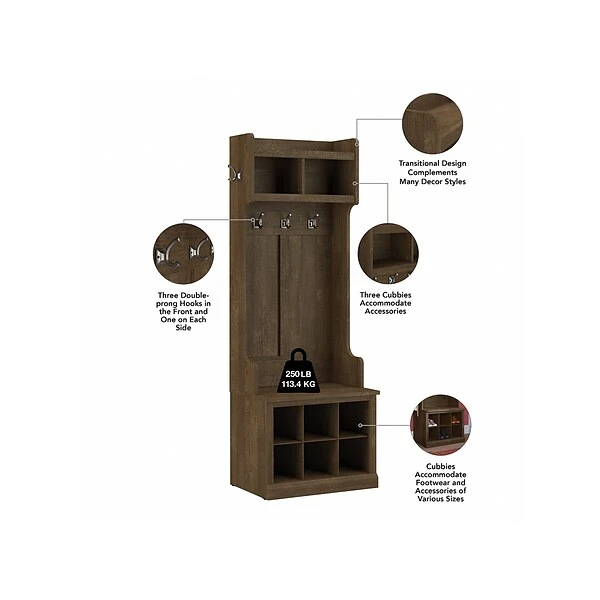 Kathy Ireland® Home By Bush Furniture Woodland 69" Hall Tree And Small Shoe Bench With 9 Shelves, Ash Brown (WDL008ABR) 2 Kathy Ireland® Home By Bush Furniture Woodland 69" Hall Tree And Small Shoe Bench With 9 Shelves, Ash Brown (WDL008ABR) - Image 2