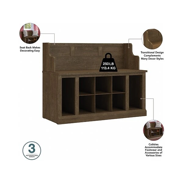 Kathy Ireland® Home By Bush Furniture Woodland 32" Entryway Bench With 2 Shelves, Ash Brown (WDL006ABR) 2 Kathy Ireland® Home By Bush Furniture Woodland 32" Entryway Bench With 2 Shelves, Ash Brown (WDL006ABR) - Image 2