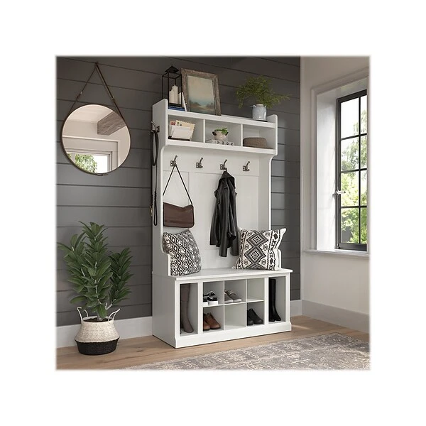 Kathy Ireland® Home By Bush Furniture Woodland 71" Hall Tree And Shoe Bench With 12 Shelves, White Ash (WDL002WAS) 1 Kathy Ireland® Home By Bush Furniture Woodland 71" Hall Tree And Shoe Bench With 12 Shelves, White Ash (WDL002WAS)