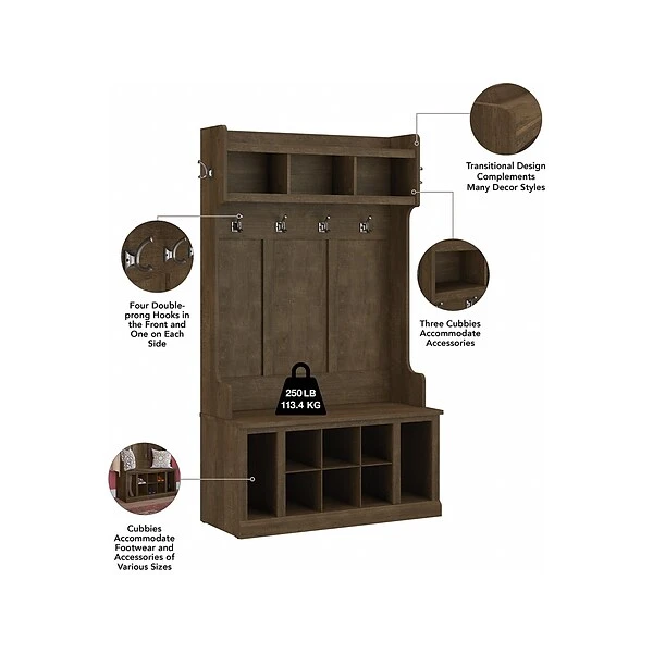 Kathy Ireland® Home By Bush Furniture Woodland 71" Hall Tree And Shoe Bench With 12 Shelves, Ash Brown (WDL002ABR) 2 Kathy Ireland® Home By Bush Furniture Woodland 71" Hall Tree And Shoe Bench With 12 Shelves, Ash Brown (WDL002ABR) - Image 2