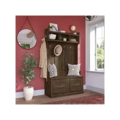 Kathy Ireland® Home By Bush Furniture Woodland 71" Hall Tree And Shoe Storage Bench With Doors, Ash Brown (WDL001ABR)