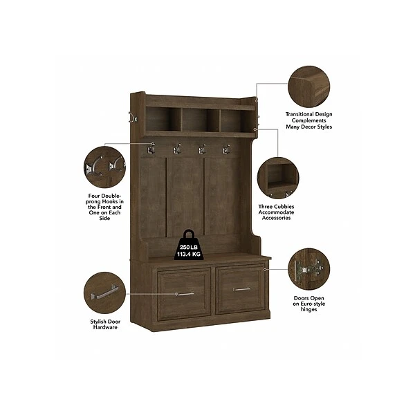 Kathy Ireland® Home By Bush Furniture Woodland 71" Hall Tree And Shoe Storage Bench With Doors, Ash Brown (WDL001ABR) 2 Kathy Ireland® Home By Bush Furniture Woodland 71" Hall Tree And Shoe Storage Bench With Doors, Ash Brown (WDL001ABR) - Image 2