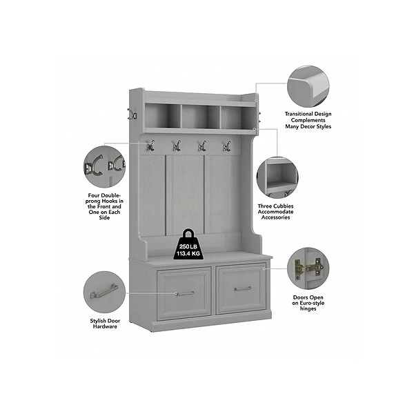 Kathy Ireland® Home By Bush Furniture Woodland 71" Hall Tree And Shoe Storage Bench With Doors, Cape Cod Gray (WDL001CG) 2 Kathy Ireland® Home By Bush Furniture Woodland 71" Hall Tree And Shoe Storage Bench With Doors, Cape Cod Gray (WDL001CG) - Image 2