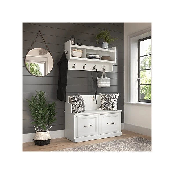 Kathy Ireland® Home By Bush Furniture Woodland 32" Shoe Storage Bench And Coat Rack With 4 Shelves, White Ash (WDL009WAS) 1 Kathy Ireland® Home By Bush Furniture Woodland 32" Shoe Storage Bench And Coat Rack With 4 Shelves, White Ash (WDL009WAS)
