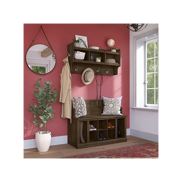 Kathy Ireland® Home By Bush Furniture Woodland 32" Shoe Storage Bench And Coat Rack With 12 Shelves, Ash Brown (WDL010ABR) 1 Kathy Ireland® Home By Bush Furniture Woodland 32" Shoe Storage Bench And Coat Rack With 12 Shelves, Ash Brown (WDL010ABR)