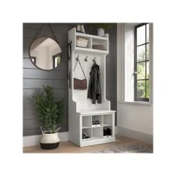 Kathy Ireland® Home By Bush Furniture Woodland 69" Shoe Storage Bench And Coat Rack With 4 Shelves, White Ash (WDL008WAS)