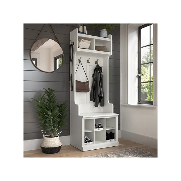 Kathy Ireland® Home By Bush Furniture Woodland 69" Shoe Storage Bench And Coat Rack With 4 Shelves, White Ash (WDL008WAS) 1 Kathy Ireland® Home By Bush Furniture Woodland 69" Shoe Storage Bench And Coat Rack With 4 Shelves, White Ash (WDL008WAS)
