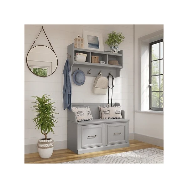 Kathy Ireland® Home By Bush Furniture Woodland 32" Shoe Storage Bench And Coat Rack With 2 Shelves, Cape Cod Gray (WDL009CG) 1 Kathy Ireland® Home By Bush Furniture Woodland 32" Shoe Storage Bench And Coat Rack With 2 Shelves, Cape Cod Gray (WDL009CG)