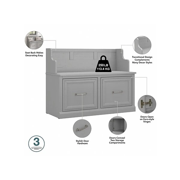 Kathy Ireland® Home By Bush Furniture Woodland 32" Shoe Storage Bench And Coat Rack With 2 Shelves, Cape Cod Gray (WDL009CG) 3 Kathy Ireland® Home By Bush Furniture Woodland 32" Shoe Storage Bench And Coat Rack With 2 Shelves, Cape Cod Gray (WDL009CG) - Image 3