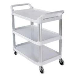Rubbermaid Commercial 3-Shelf Plastic/Poly Mobile Utility Cart With Lockable Wheels, Black (FG409100BLA)