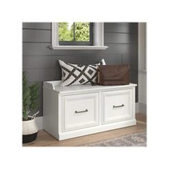 Kathy Ireland® Home By Bush Furniture Woodland Shoe Storage Bench With Doors, 40", White Ash (WDS140WAS-03)