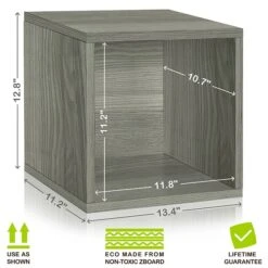Way Basics 12.8"H X 13.4"W Eco Modular Stackable Storage Cube Modern Cubby Organizer, Gray Wood Grain (BS285340320-GY)