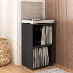 Way Basics 29.1"H 2 Shelf Vinyl Record Storage Cube And LP Record Album Modern Eco Shelf, Black Wood Grain (WB-2LP-BK) -Prepa Furniture Shop sp125995079 s7