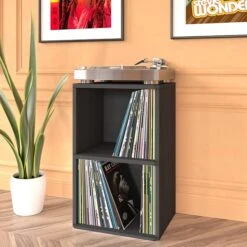 Way Basics 29.1"H 2 Shelf Vinyl Record Storage Cube And LP Record Album Modern Eco Shelf, Black Wood Grain (WB-2LP-BK) -Prepa Furniture Shop sp125995083 s7