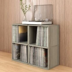 Way Basics 29.1"H 2 Shelf Vinyl Record Storage Cube And LP Record Album Modern Eco Shelf, Gray Wood Grain (WB-2LP-GY)
