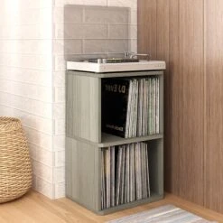 Way Basics 29.1"H 2 Shelf Vinyl Record Storage Cube And LP Record Album Modern Eco Shelf, Gray Wood Grain (WB-2LP-GY) -Prepa Furniture Shop sp125995135 s7