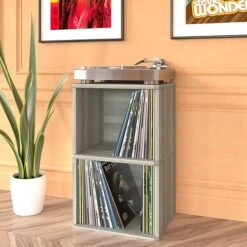 Way Basics 29.1"H 2 Shelf Vinyl Record Storage Cube And LP Record Album Modern Eco Shelf, Gray Wood Grain (WB-2LP-GY) -Prepa Furniture Shop sp125995137 s7