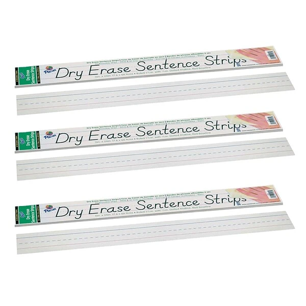 Pacon Dry Erase Sentence Strips, White, 1-1/2" X 3/4" Ruled, 3" X 24", 30 Per Pack, 3 Packs (PAC5185-3) 1 Pacon Dry Erase Sentence Strips, White, 1-1/2" X 3/4" Ruled, 3" X 24", 30 Per Pack, 3 Packs (PAC5185-3)