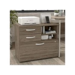 Bush Business Furniture Hybrid 26" Office Storage Cabinet With Drawers And 2 Shelves, Modern Hickory (HYF130MHSU-Z)