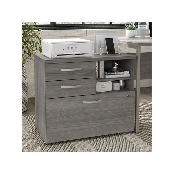 Bush Business Furniture Hybrid 26" Office Storage Cabinet With Drawers And 2 Shelves, Platinum Gray (HYF130PGSU-Z) 1 Bush Business Furniture Hybrid 26" Office Storage Cabinet With Drawers And 2 Shelves, Platinum Gray (HYF130PGSU-Z)