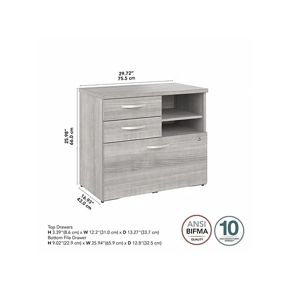 Bush Business Furniture Hybrid 26" Office Storage Cabinet With Drawers And 2 Shelves, Platinum Gray (HYF130PGSU-Z) 3 Bush Business Furniture Hybrid 26" Office Storage Cabinet With Drawers And 2 Shelves, Platinum Gray (HYF130PGSU-Z) - Image 3