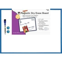 Charles Leonard Magnetic Dry Erase Whiteboard, With Eraser/Marker/2 Magnets, Blue Tin Frame, 17" X 23" (CHL35370)
